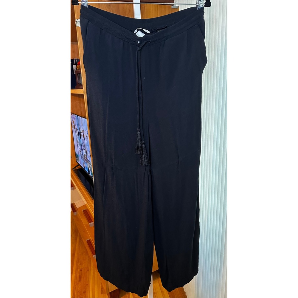 HM Black Wide Leg Tassel Drawstring Pants Viscose Trousers Size 10 Womens